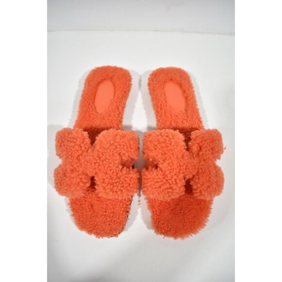 Hermes Oran Teddy Shearling Fur Orange H Logo Slide Sandal Mule Flat Flop 36.5 - Picture 7 of 12